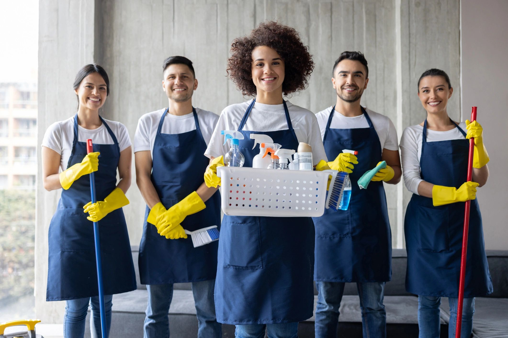 Professional cleaning team smiling